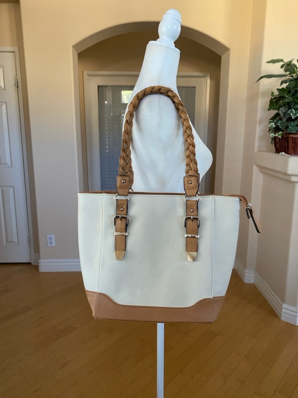 Cream Large Tote with Tan Braided Handles